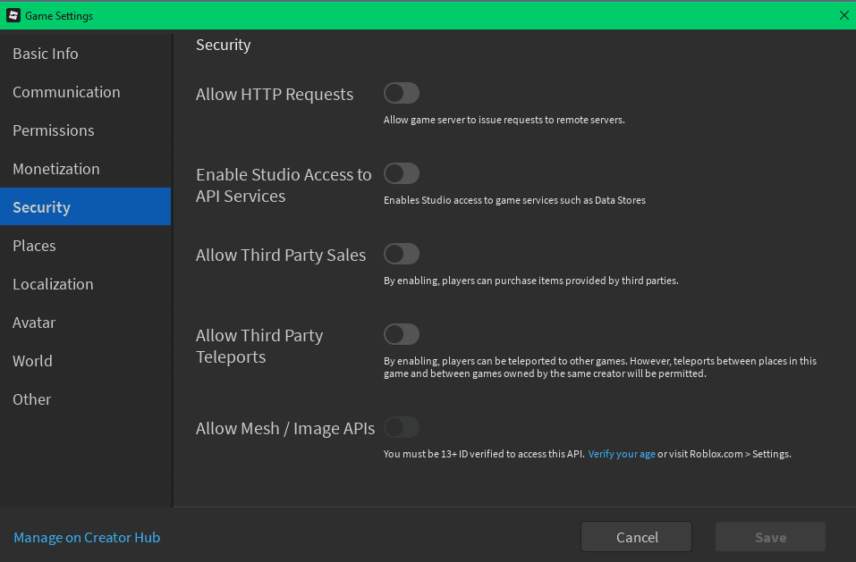 Security settings showing Allow HTTP Requests checkbox