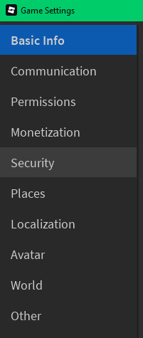 Game Settings window showing Security tab