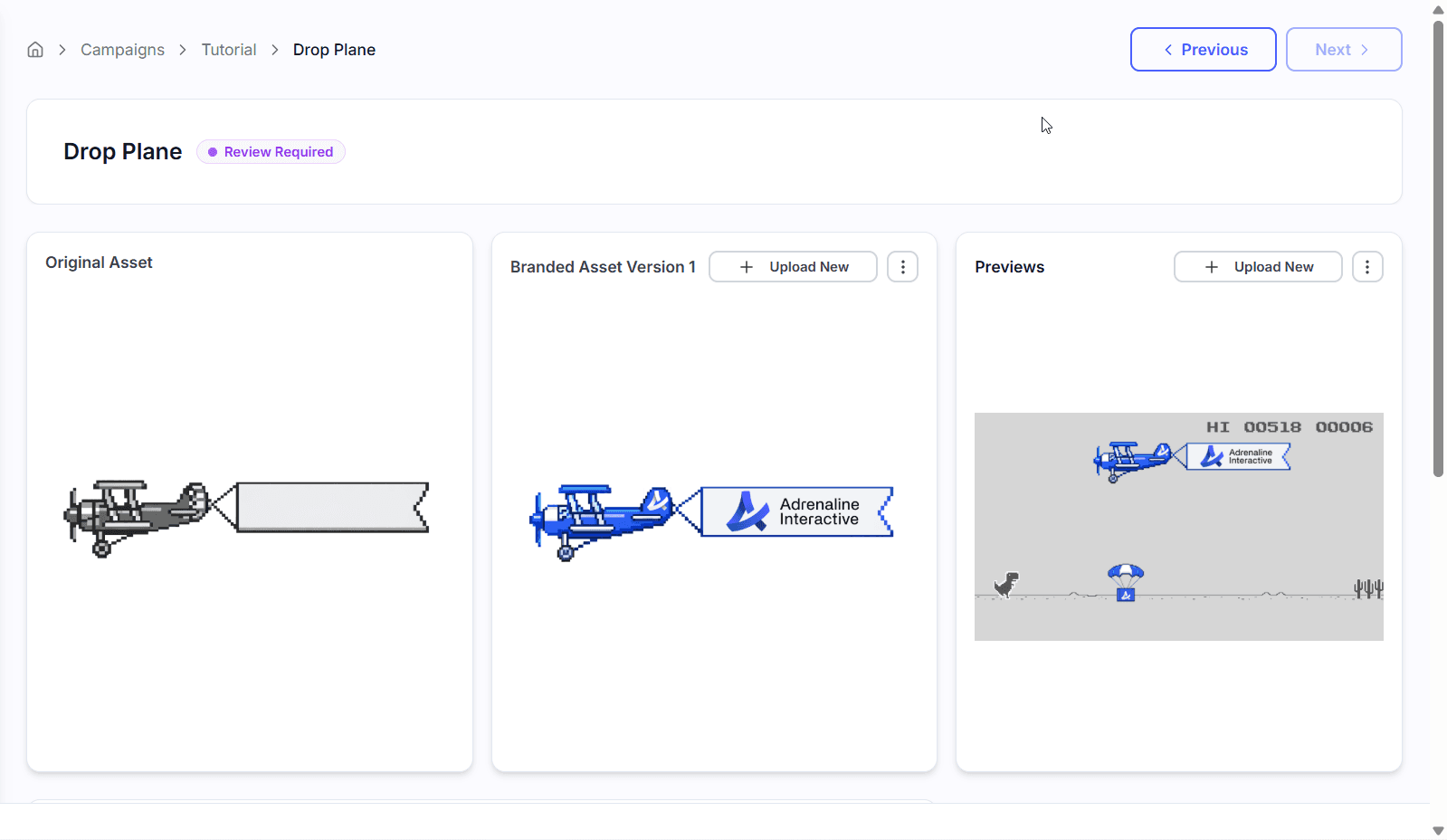 QA review interface on the advertiser side showing the original placement next to its branded version