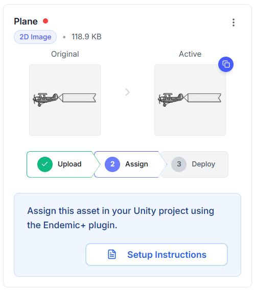 Asset progress indicator showing the three stages: Uploaded, Assigned, and Deployed with visual markers