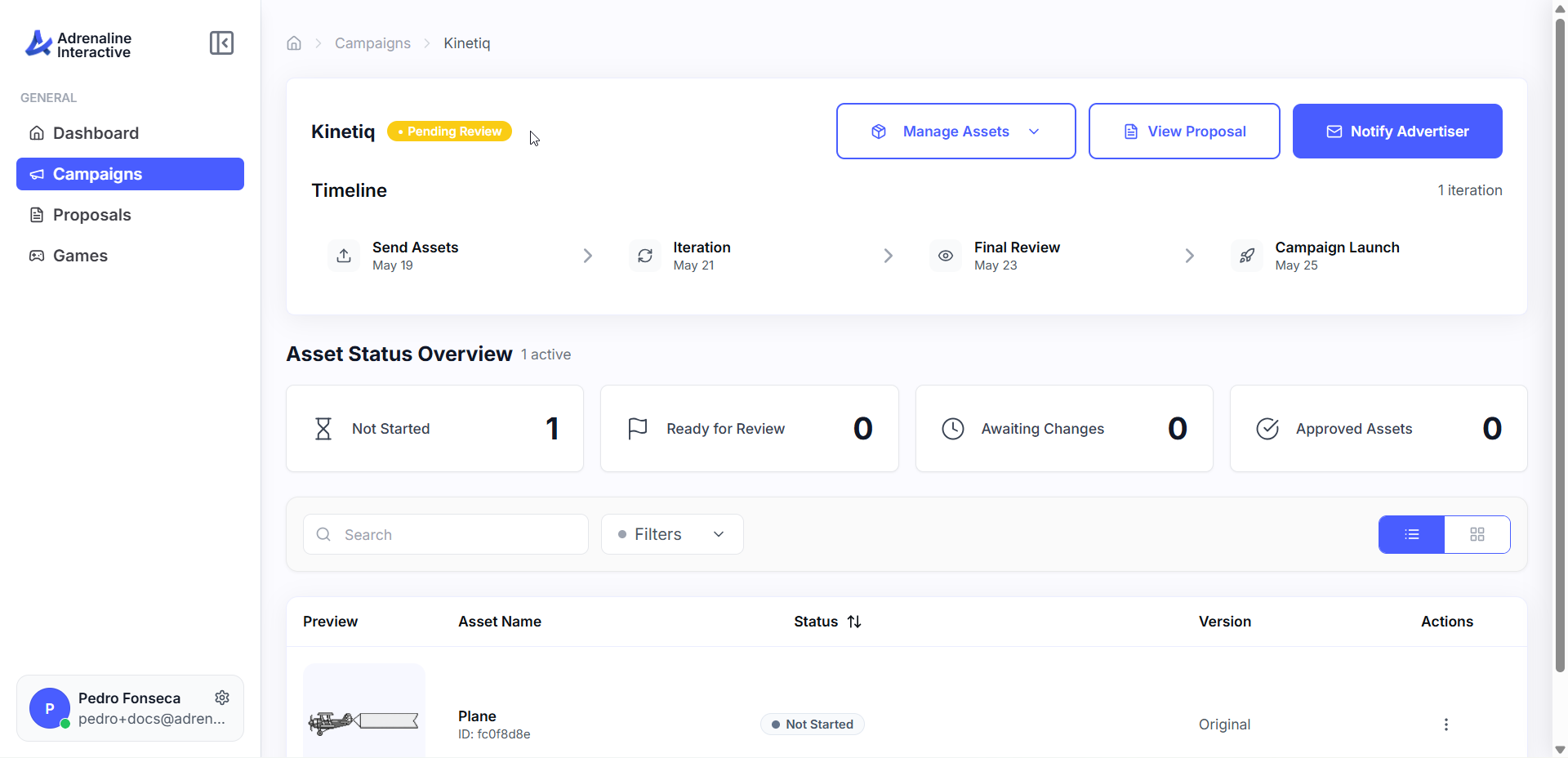Campaign workspace showing asset grid with status badges, progress bar, and filtering options