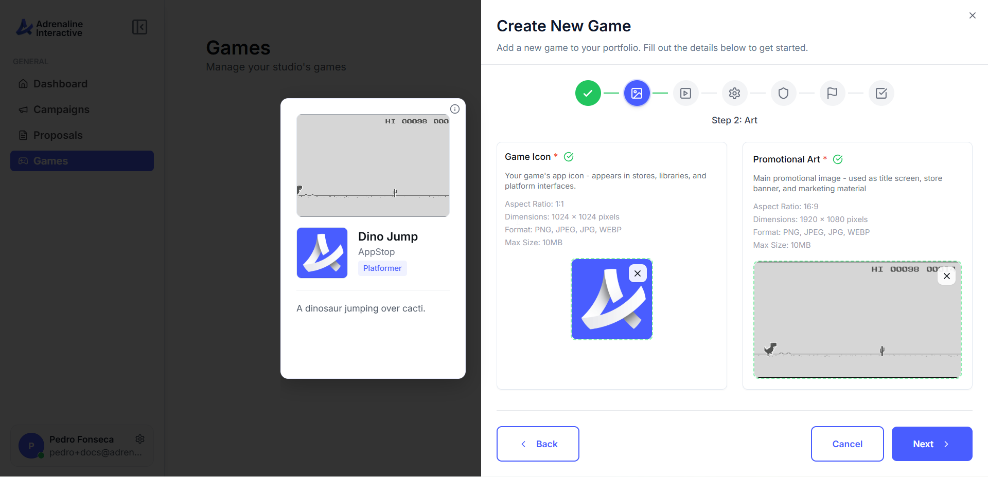 Game art upload step showing icon and promotional art upload areas with dimension requirements