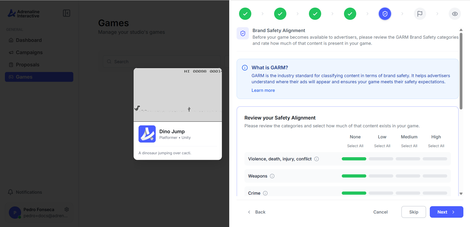 Brand safety alignment step showing GARM category ratings with progress indicator