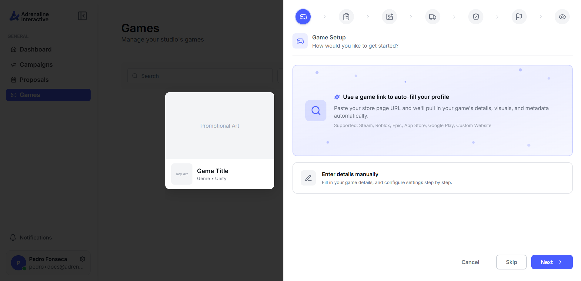 Game Setup step asking how you'd like to get started, with a game link auto-fill option and a manual entry option