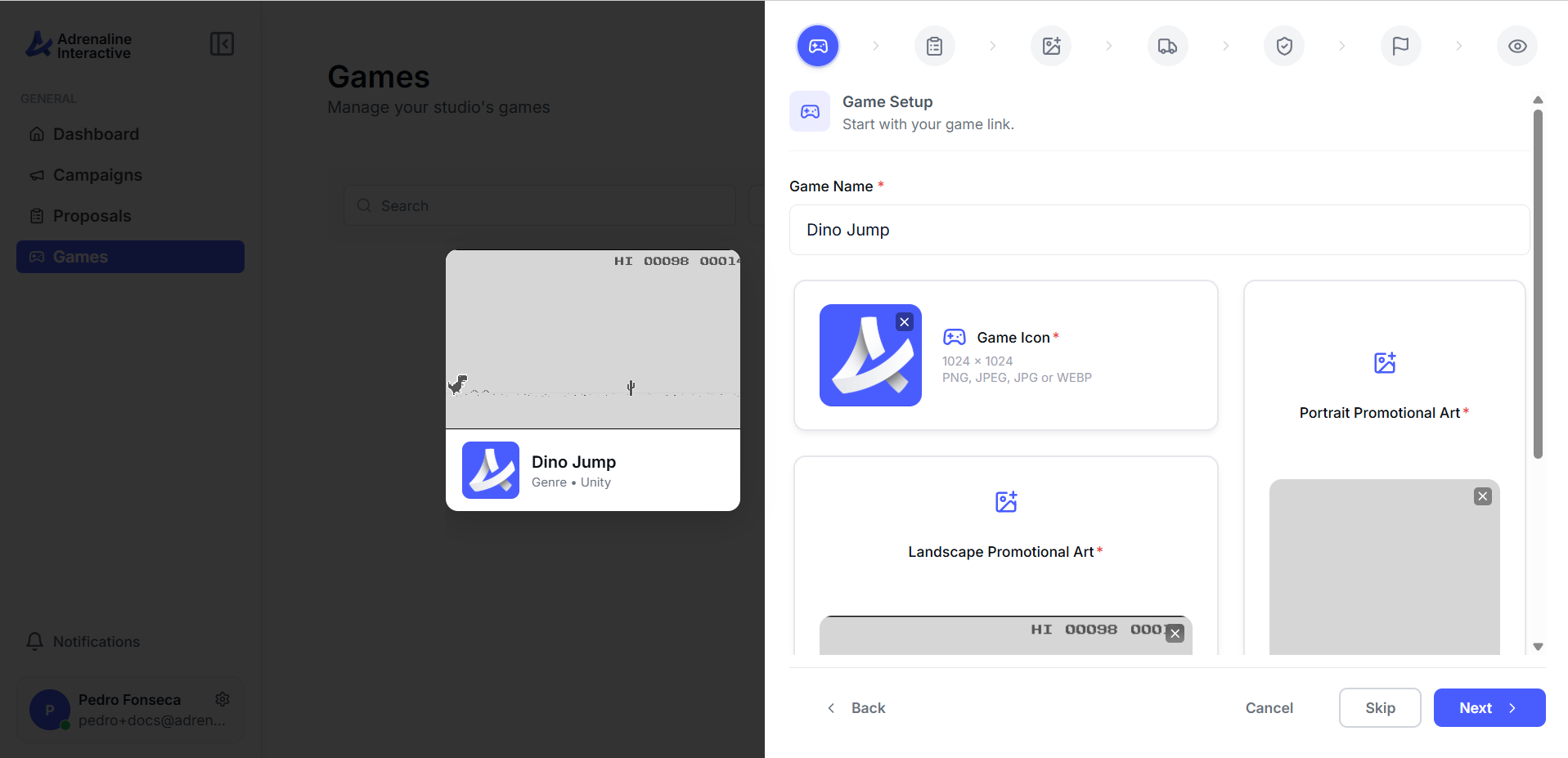 Game Setup form showing game name, game icon, and portrait and landscape promotional art uploads