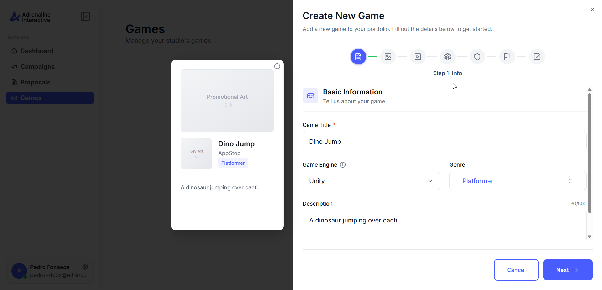 Game creation form showing title, description, engine, and genre fields