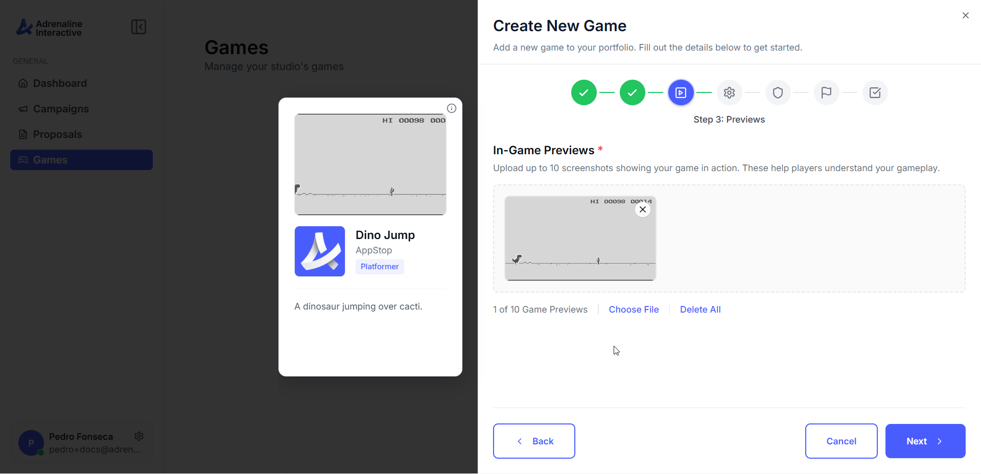 In-game preview upload step showing a grid of uploaded gameplay screenshots