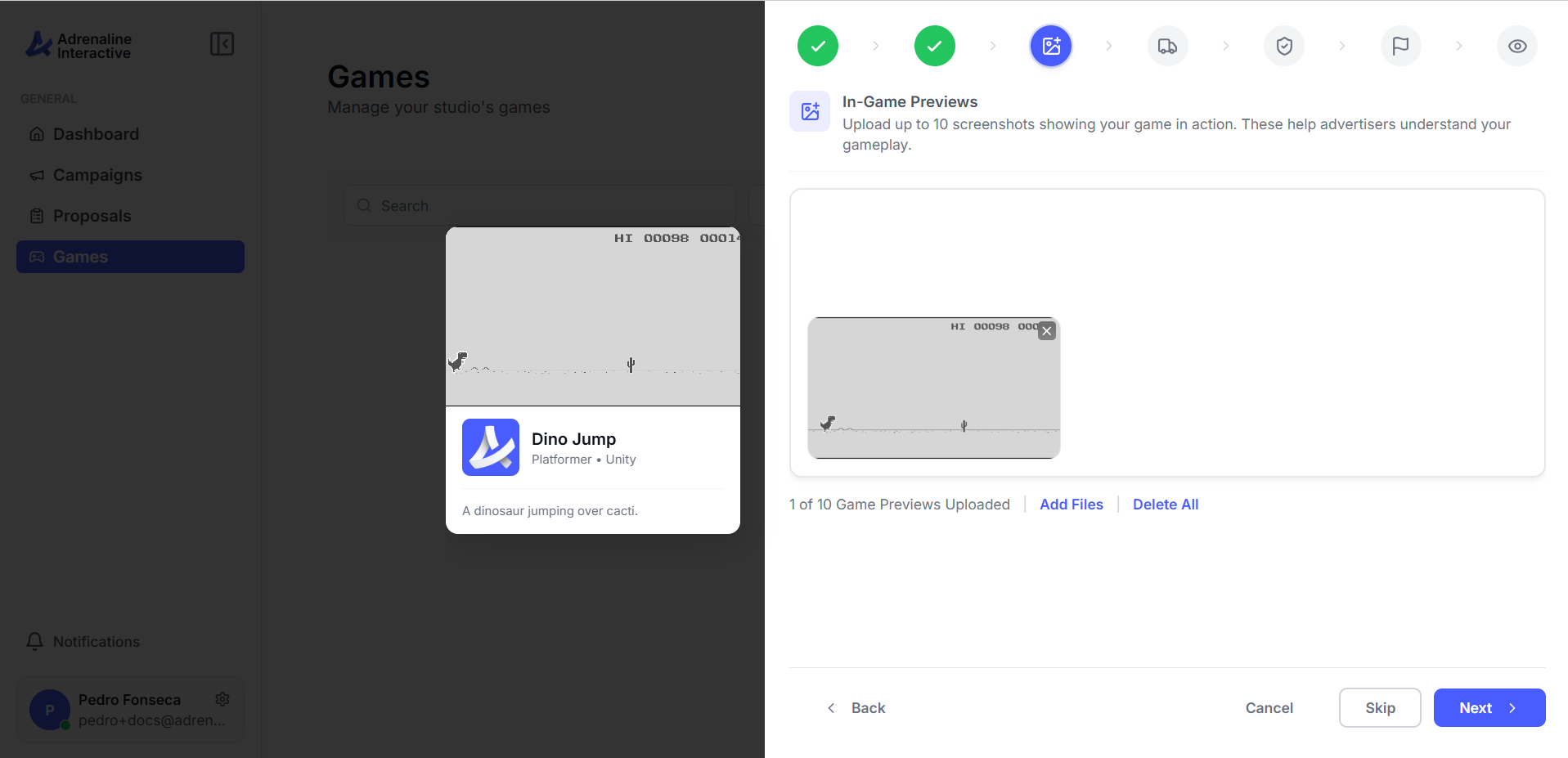 In-game preview upload step showing a grid of uploaded gameplay screenshots
