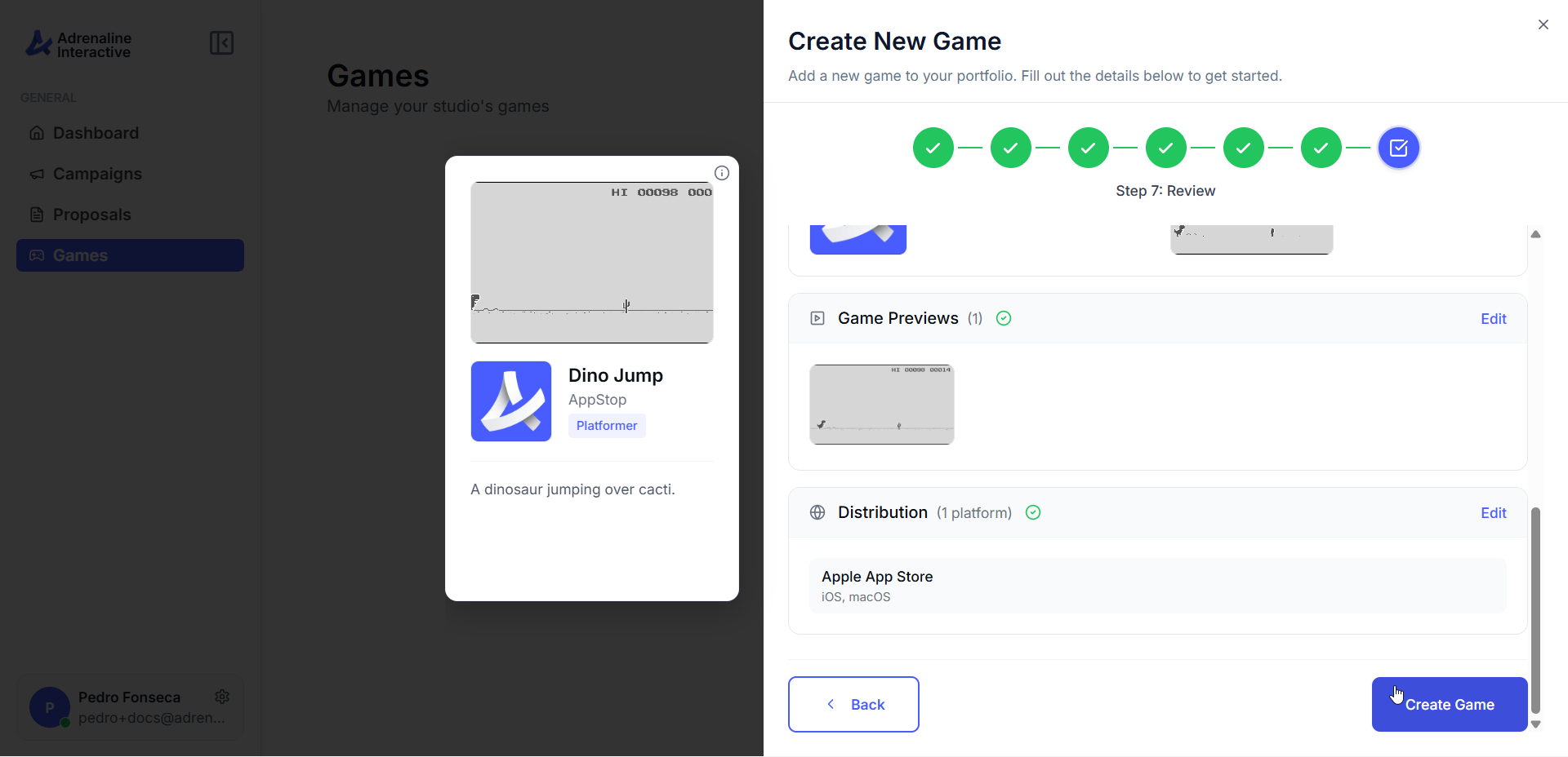 Game creation review step showing a summary of all entered information with validation indicators