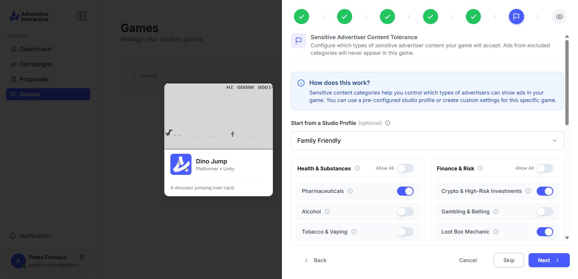 Sensitive advertiser content tolerance step with grouped category toggles and a studio profile selector