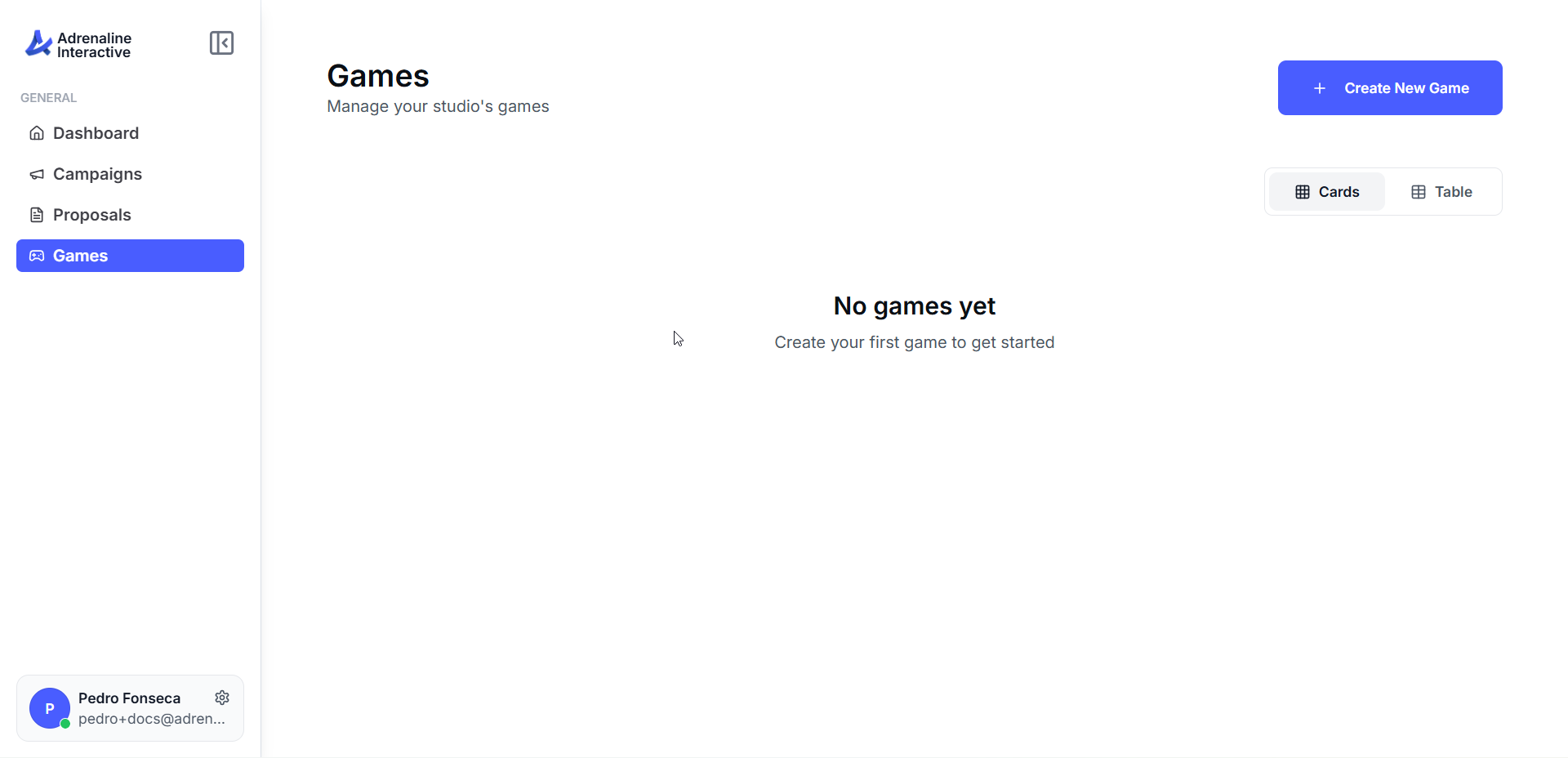 Studio games dashboard with the Create New Game button highlighted