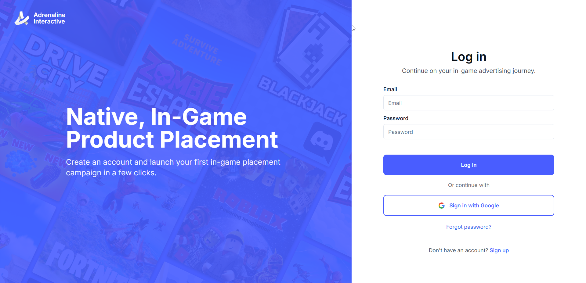 Adrenaline Interactive sign-up page