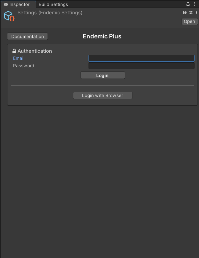 Endemic Settings inspector showing the Authentication section with email and password fields and a Login with Browser option