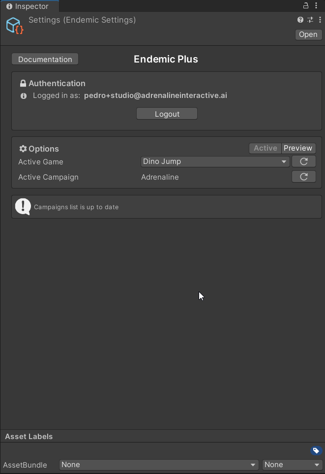 Endemic Plus Settings panel in Active mode with a game selected, alongside the Build Settings scene list