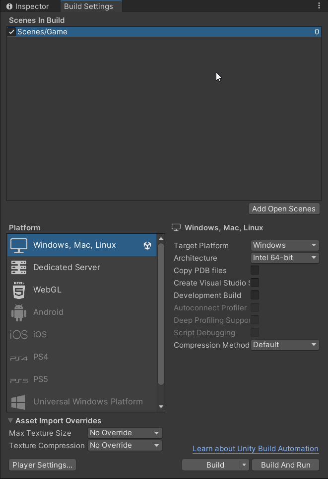 Unity Build Settings window with a target platform selected and scenes listed