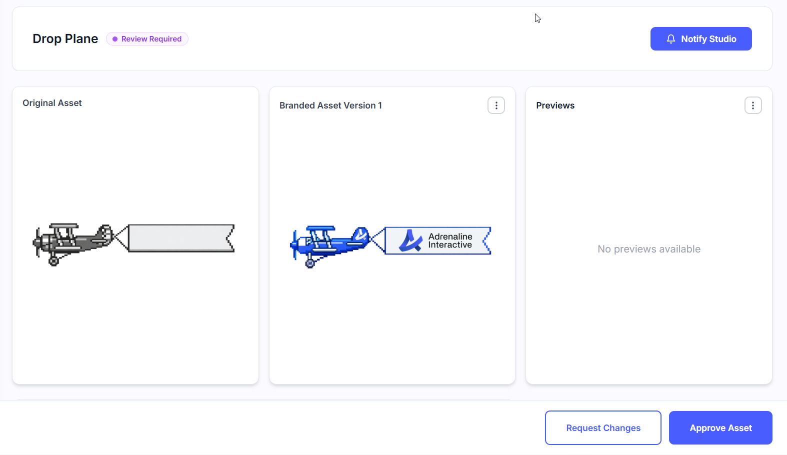 QA review interface showing a brand creative overlaid on a game asset with approval controls