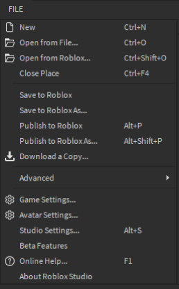 Roblox Studio File menu showing Game Settings option