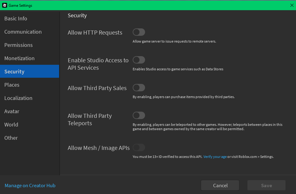 Security settings showing Allow HTTP Requests checkbox