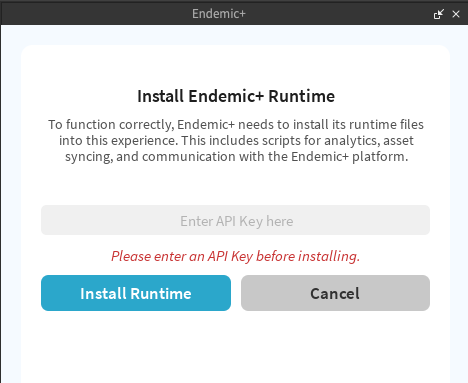 Endemic+ Runtime installation dialog