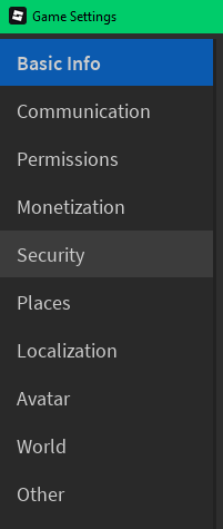 Game Settings window showing Security tab